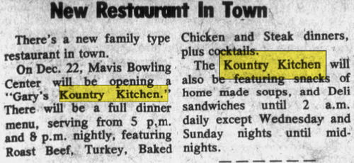 Kountry Kitchen (Baba-Ruski) - Dec 17 1981 Location At Mavis Lanes Now Holly Bowl